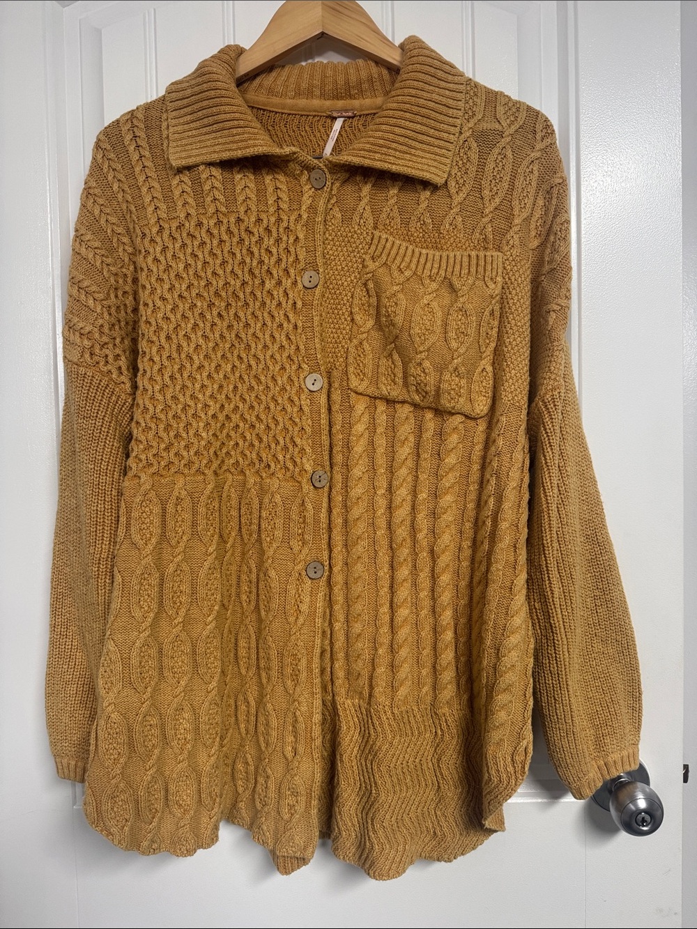 Free People Cable Knit Button-Up Cardigan in Mustard